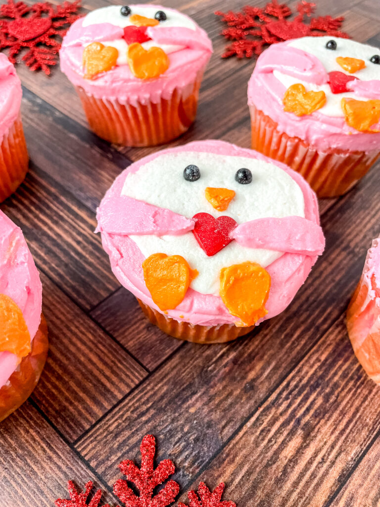 Pink Penguin Heart Cupcakes