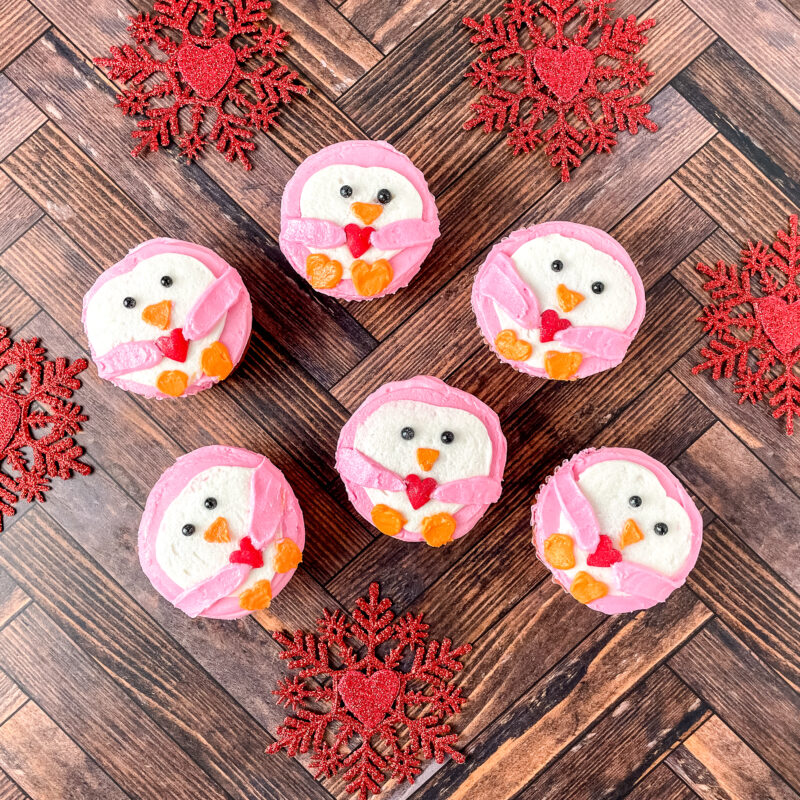 Pink Penguin Heart Cupcakes