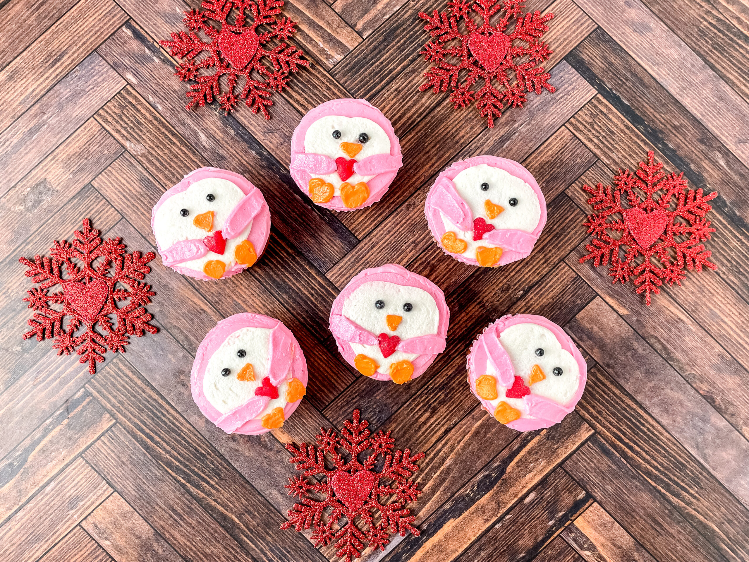 Pink Penguin Heart Cupcakes