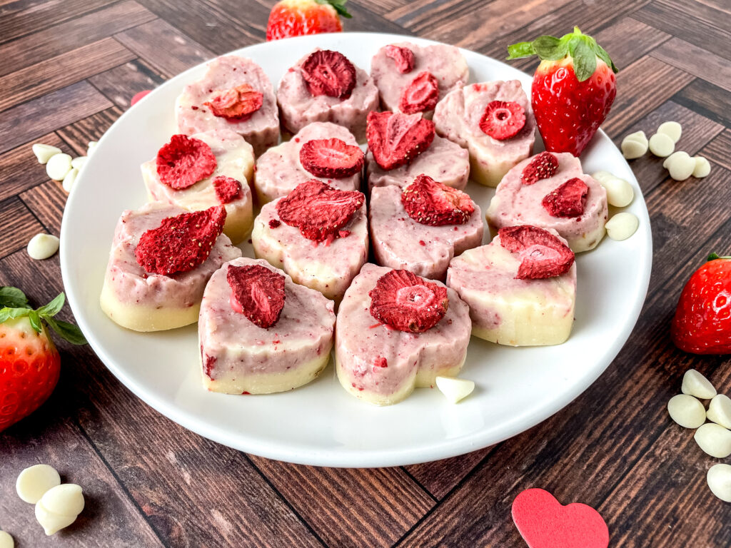 strawberries and cream heart fudge on place on wood background